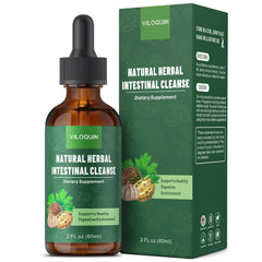 Viloquin Gut Cleanse bottle being poured for daily herbal support