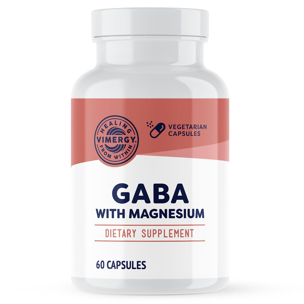 Vimergy GABA with Magnesium bottle for on-the-go relaxation.