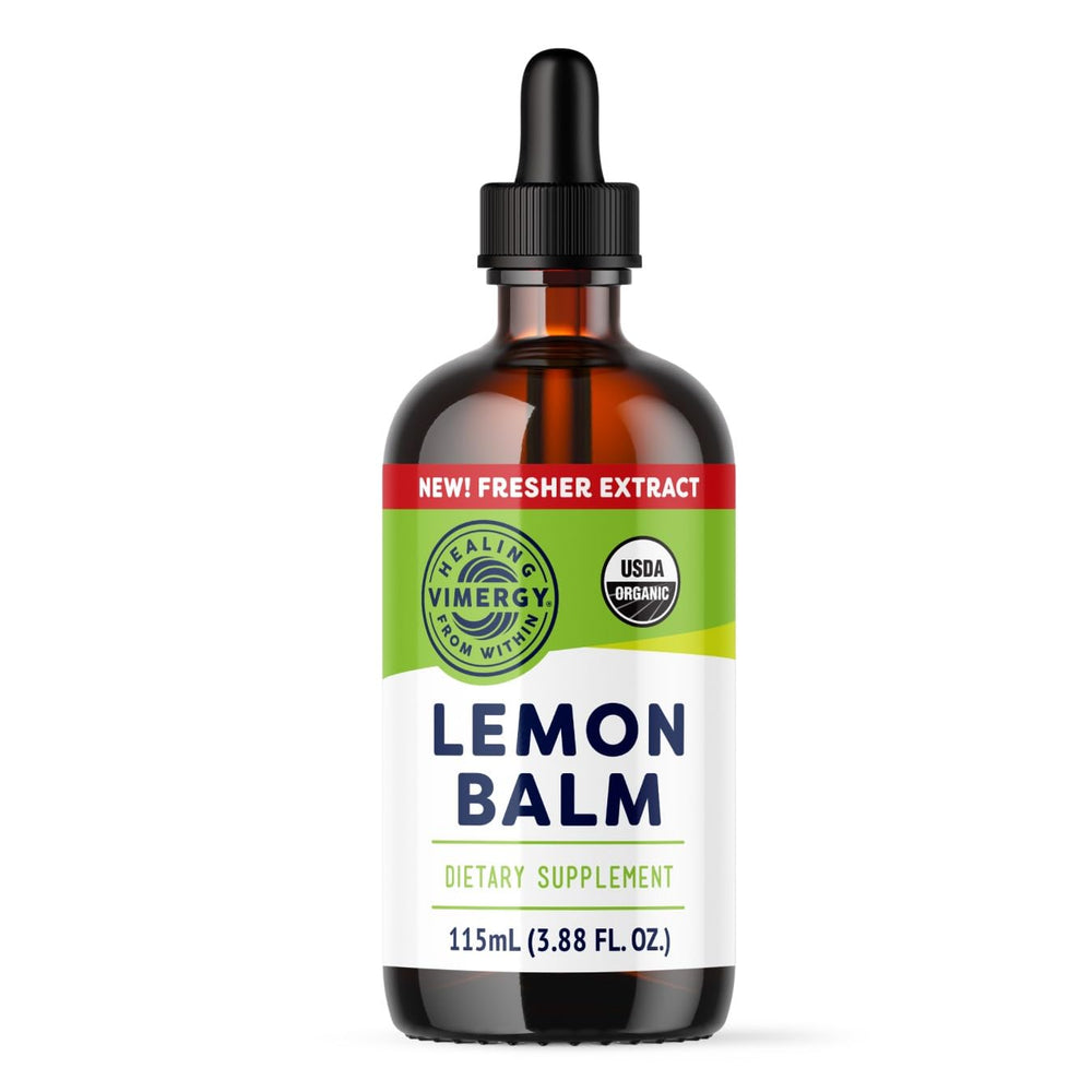 Vimergy Lemon Balm tincture bottle with dropper for calming support.