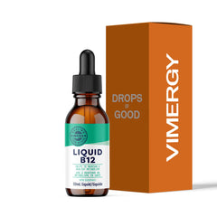 Vimergy liquid B12 bottle highlighting fast-absorbing energy support.