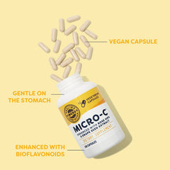 Vimergy Micro-C capsules pouring from bottle for easy daily use.