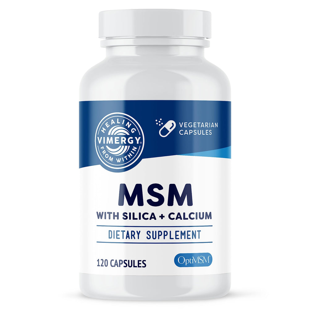Vimergy MSM bottle front view highlights joint support benefits.