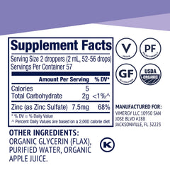 Vimergy Zinc liquid drops ingredient list shows flax glycerin with zinc sulfate.
