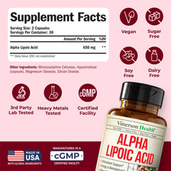 Vimerson Health Alpha Lipoic Acid 650mg label front highlighting vegan non-GMO attributes