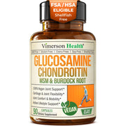 Vimerson Health Glucosamine Chondroitin MSM bottle highlights vegan formula for joint mobility.