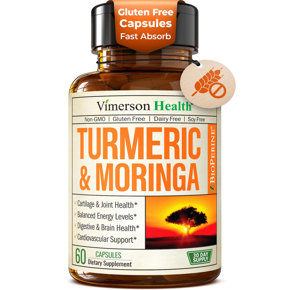 Vimerson Health Moringa Turmeric capsules bottle closeup suggesting joint support and daily wellness.