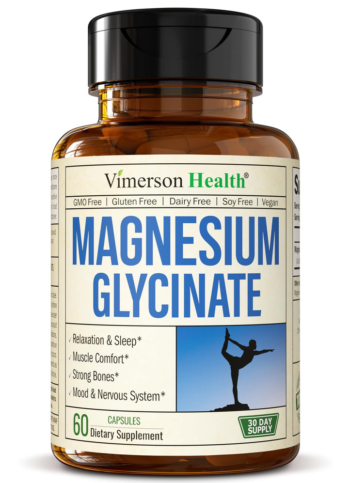 Vimerson Health Pure Magnesium Glycinate 200mg bottle for relaxed evenings and calmer routines.