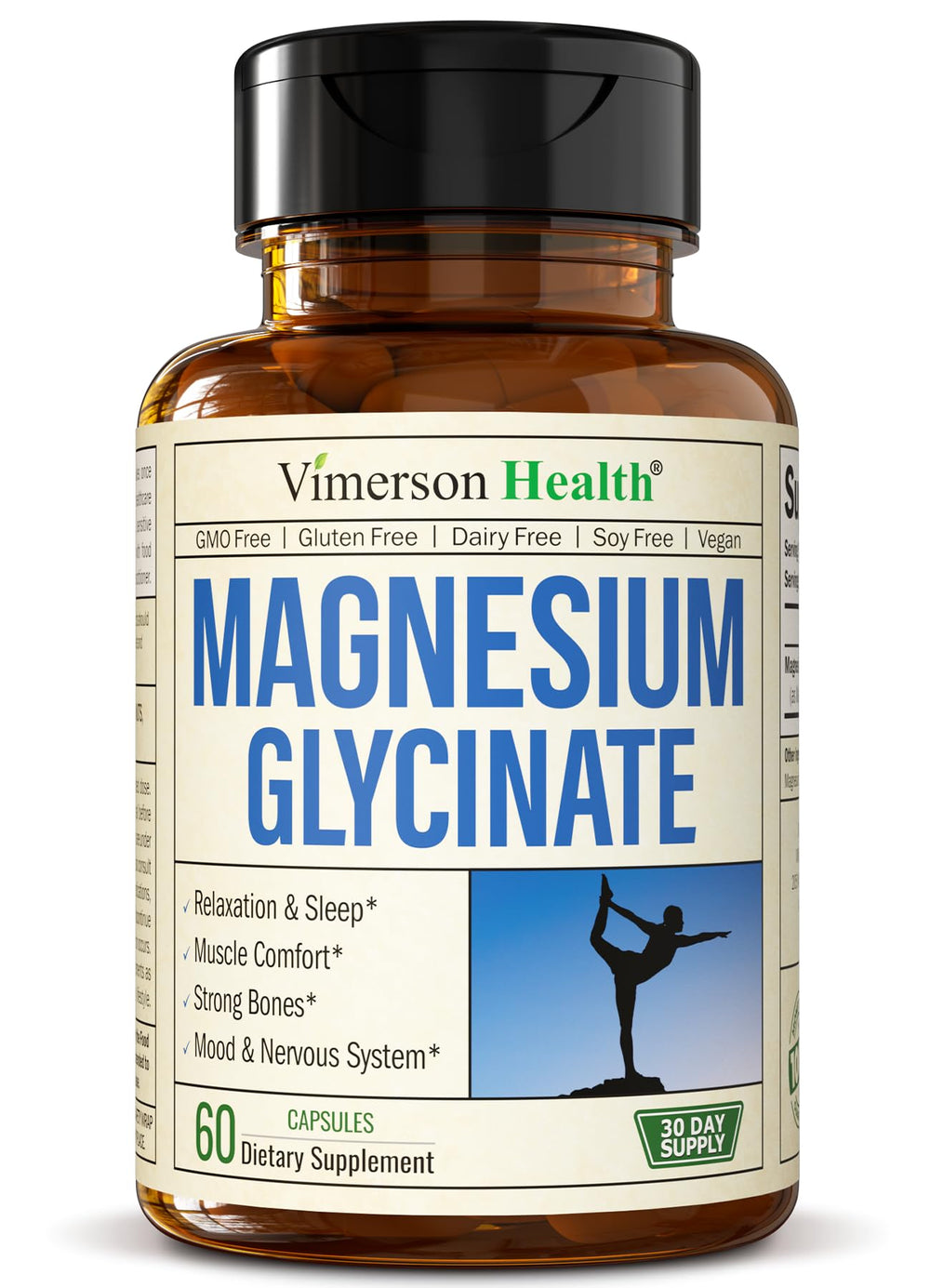 Vimerson Health Pure Magnesium Glycinate 200mg bottle for relaxed evenings and calmer routines.