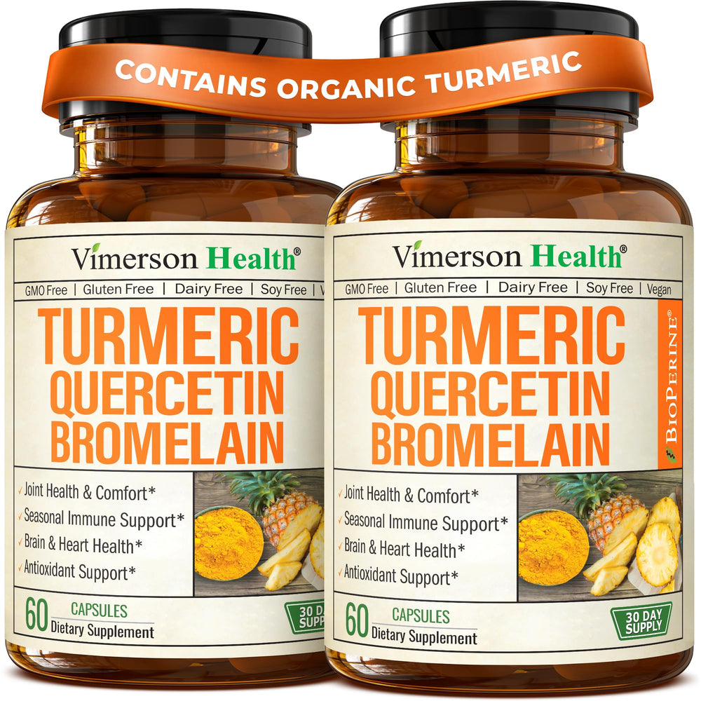 Vimerson Health Quercetin with Bromelain Turmeric bottle front highlights immune support on the go.