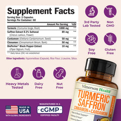 Vimerson Health saffron turmeric-curcumin capsules close-up highlighting joint mobility potential