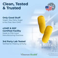 Vimerson Health Vitamin B Complex packaging showing vegan and allergen-free features.