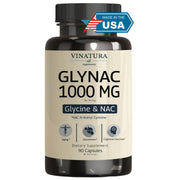 VINATURA GLYNAC capsules bottle close-up highlighting NAC and glycine for antioxidant support.