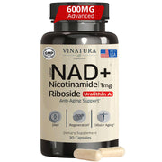 VINATURA NAD+ supplement bottle front supports daily energy and focus.
