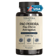 VINATURA capsules on bottle front showing Pao Pereira, Pau D'Arco, Astragalus blend for immune support potential