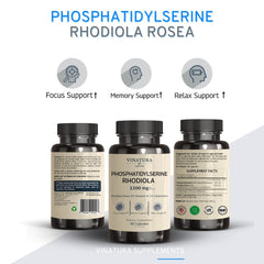 VINATURA Rhodiola Rosea bottle label indicating stress support potential.
