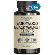 VINATURA Wormwood Black Walnut Clove capsules bottle front for vegan digestive support.