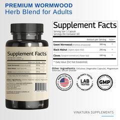 VINATURA ingredients per capsule—artemisia annua, wormwood, and walnut for natural gut health.