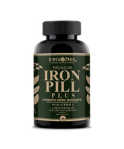 Vines Yard Iron Pill Plus bottle front promoting herbal iron support