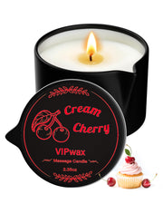 VIPwax Cream Cherry Massage Candle lit with oil pool for soothing massage