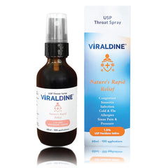 VIRALDINE povidone-iodine sore throat spray bottle with 60ml capacity and cooling action.