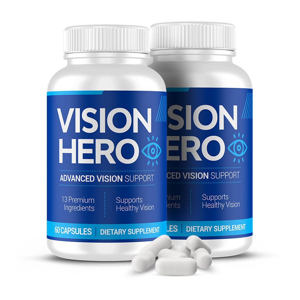 Vision Hero Advanced Vision bottle front for daily eye health support while reading.
