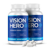 Vision Hero Advanced Vision bottle front for daily eye health support while reading.