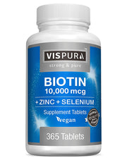 VISPURA Biotin 10000 mcg bottle shows vegan formula supporting hair and nails.