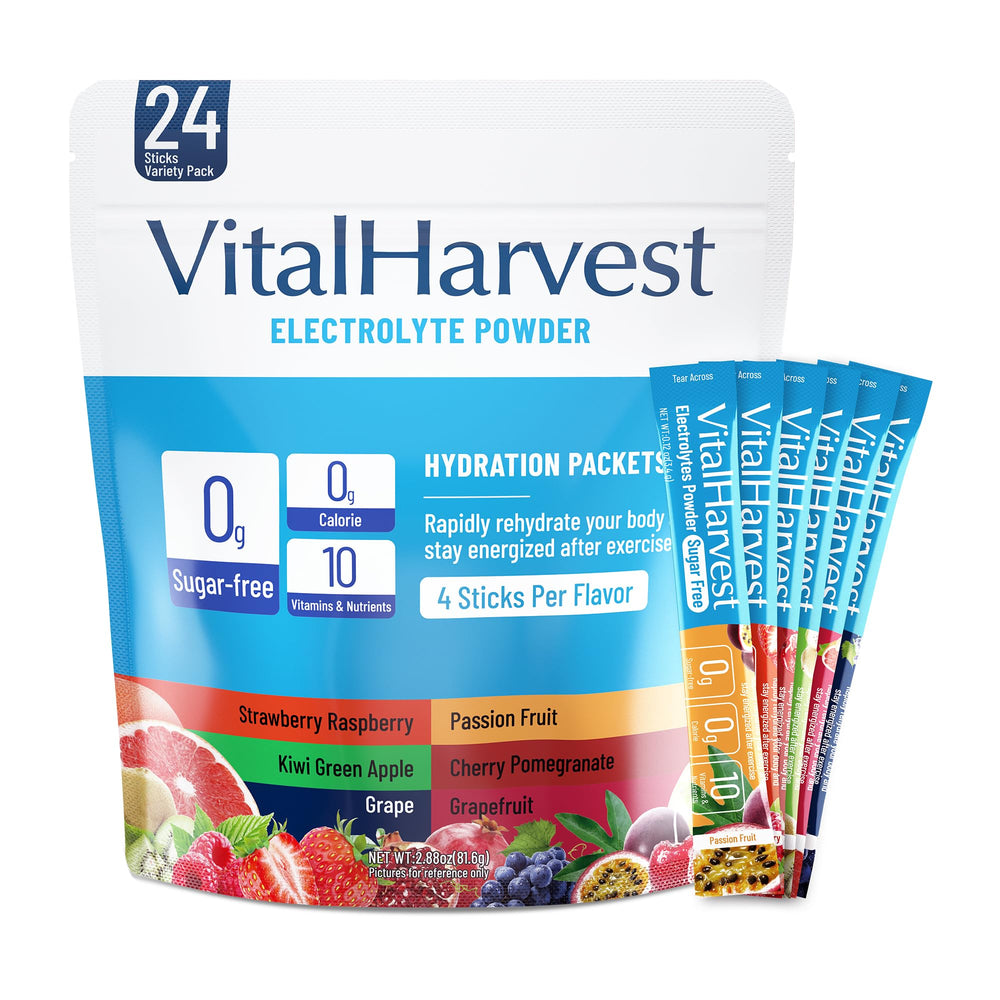 VitalHarvest strawberry-raspberry packet on table, refreshing hydration