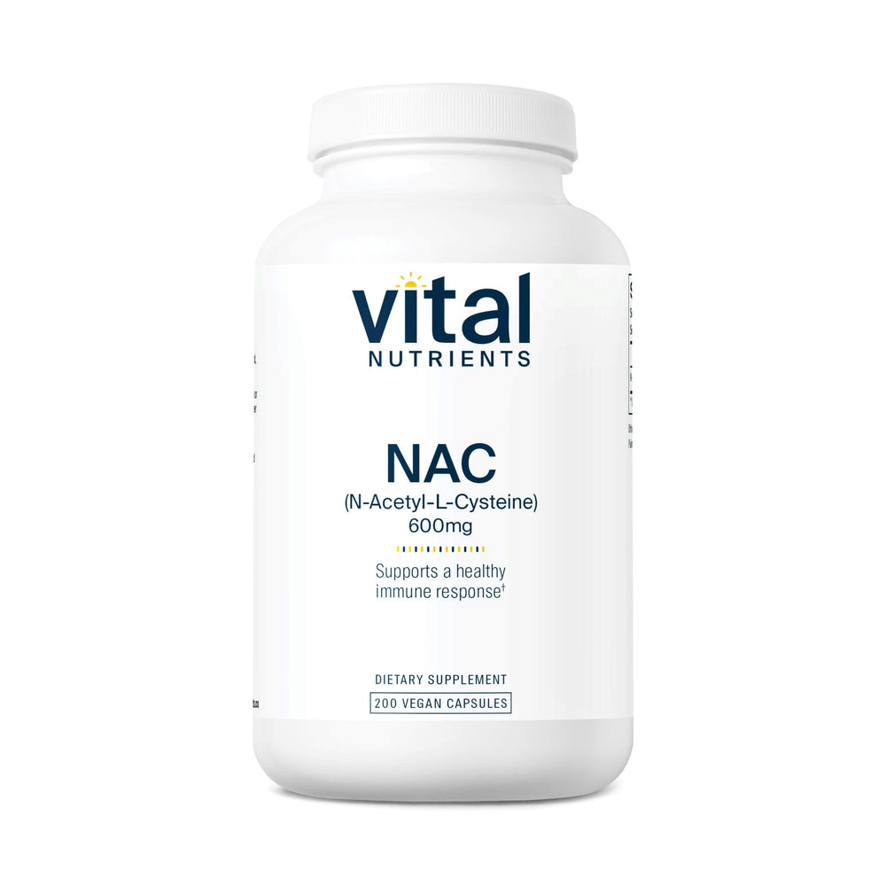 Vital Nutrients NAC 600mg bottle front highlighting vegan formula for daily support