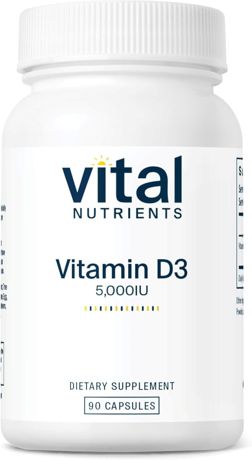 Vital Nutrients Vitamin D 5000 IU bottle shows daily bone and immune support.
