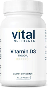 Vital Nutrients Vitamin D 5000 IU bottle shows daily bone and immune support.