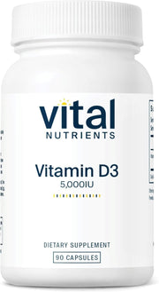 Vital Nutrients Vitamin D 5000 IU bottle shows daily bone and immune support.
