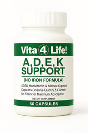 Vita4Life ADEK bottle front showing fast-dissolving vitamins for post-surgery support