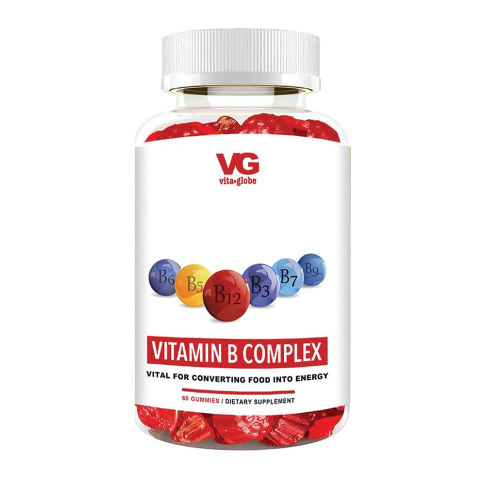 VITA GLOBE B-Complex gummies strawberry bottle view highlighting daily energy support