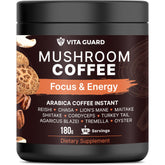 Vita Guard 10 Mushroom Coffee front label showing premium Arabica for smooth taste and focus.