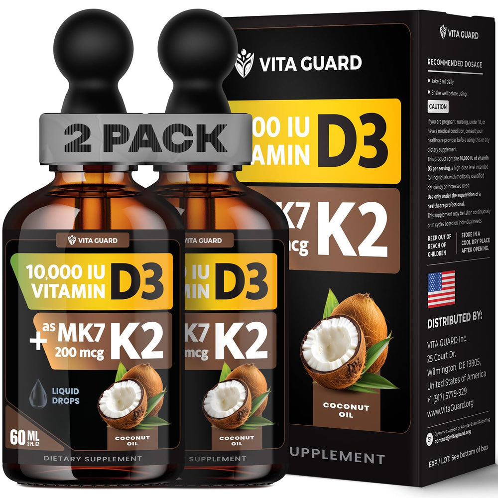 Vita Guard D3 K2 liquid drops bottle highlights potency for bone support.