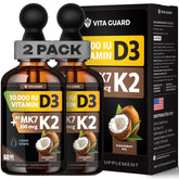 Vita Guard D3 K2 liquid drops bottle highlights potency for bone support.