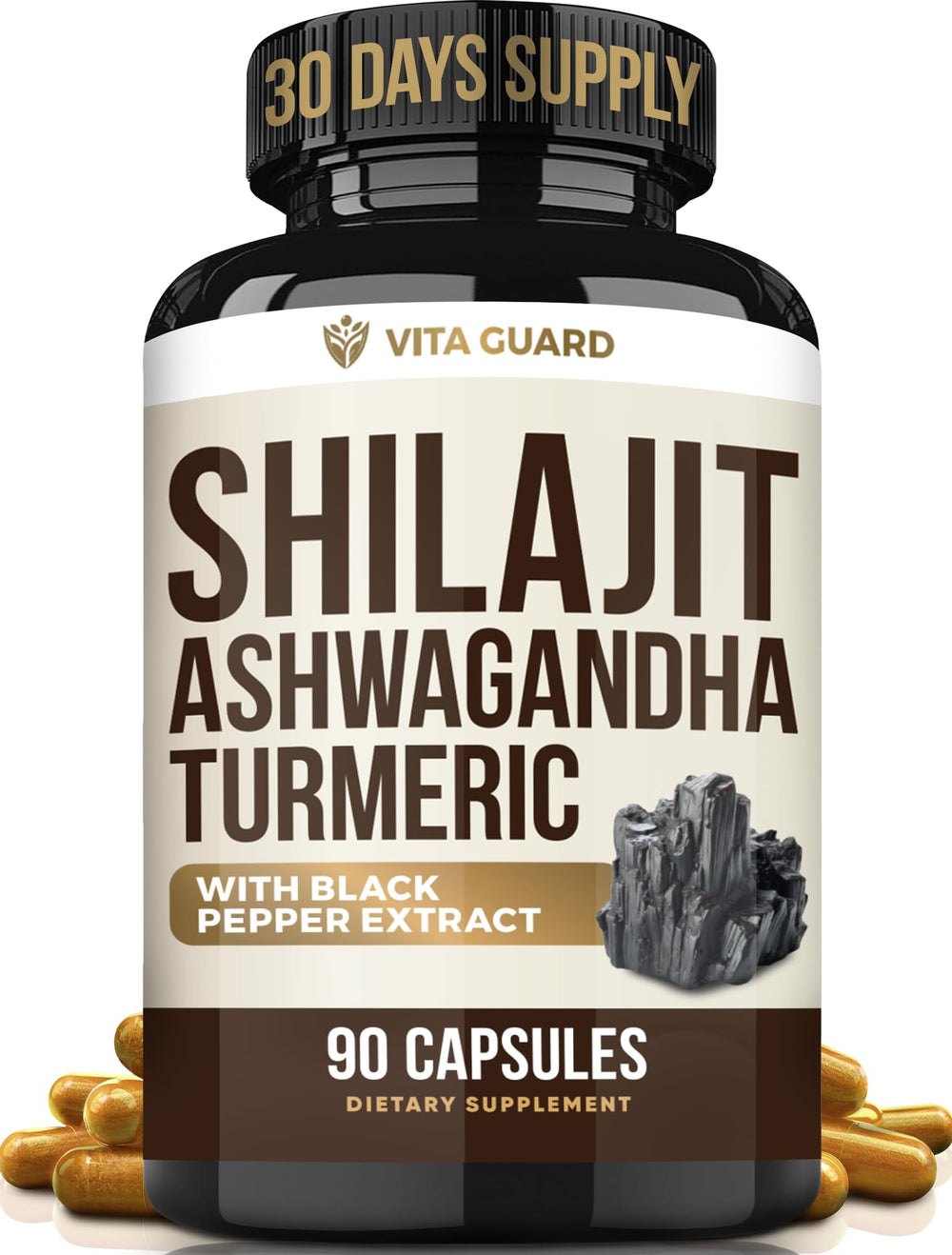 Vita Guard Himalayan Shilajit capsules bottle supports natural energy and vitality.