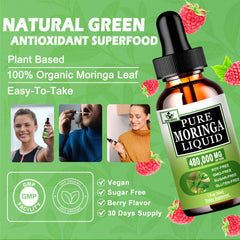 Vita Letuo Moringa liquid drops beside a glass of water for hydration.