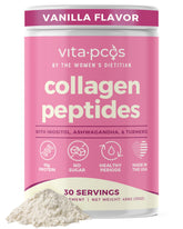 VITA-PCOS collagen powder vanilla tub beside a glass, supports radiant skin and nails