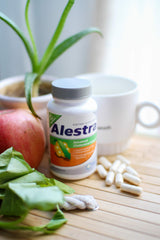 Vita Sciences Alestra bottle back label shown with supplement facts and certifications.