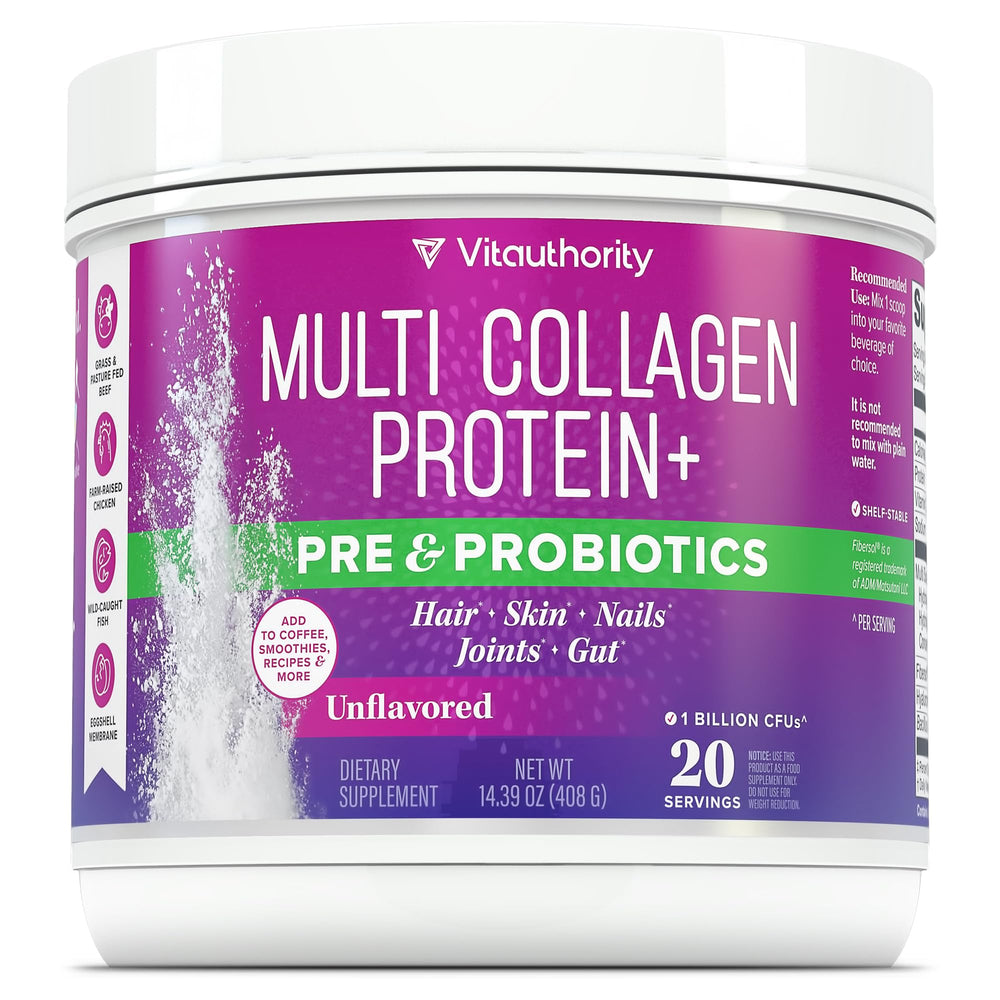 VitaAuthority Multi Collagen Probiotics bottle with unflavored powder for skin and gut support.