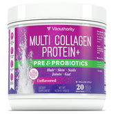 VitaAuthority Multi Collagen Probiotics bottle with unflavored powder for skin and gut support.