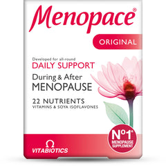 Vitabiotics Menopace Tab 90-count bottle, vegetarian-friendly daily supplement.