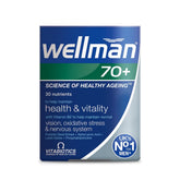 Vitabiotics Wellman 70+ front view showing a comprehensive daily multivitamin for senior vitality