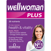 Wellwoman Plus tablets bottle front highlights daily vitality nutrients for wellness.
