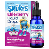 Vitaburst Smurfs Elderberry Drops bottle showing kid-friendly berry flavor for daily immune support.
