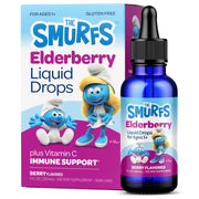 Vitaburst Smurfs Elderberry Drops bottle showing kid-friendly berry flavor for daily immune support.