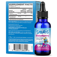 Close-up of Smurfs Elderberry Drops being poured to measure a 1 mL dose.