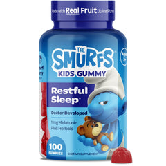 VITABURST Smurfs Gummies bottle front view, kid-friendly packaging with Chamomile and Lemon Balm